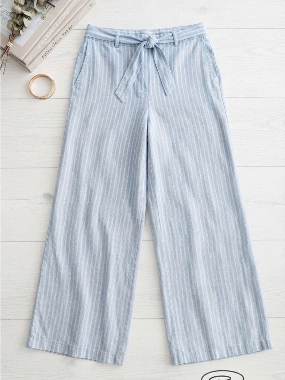 New Thread & Supply Light Blue Striped Tie-Waist Wide-Leg Trousers